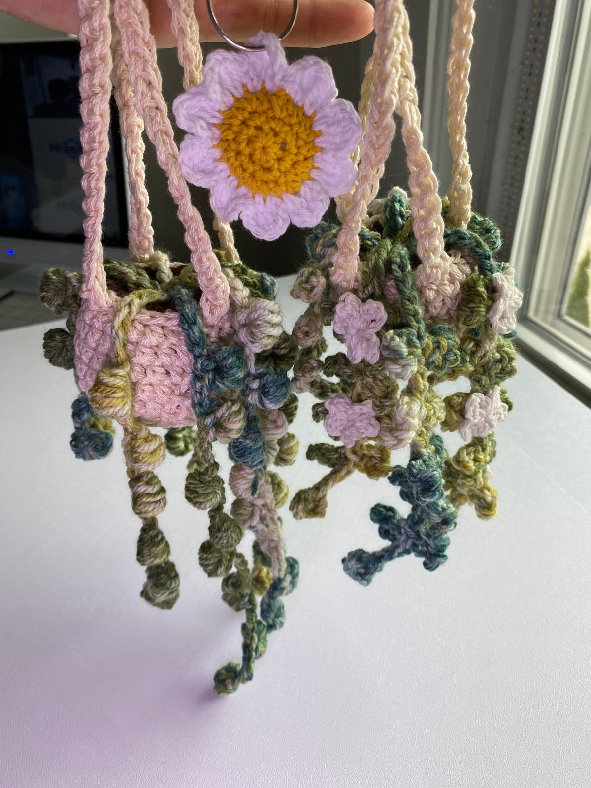 Crochet Hanging Plant Trio Pack - Large Plant + Mini Plant + Matching Mini Flower Keychain - Random Plant Design - Same Color