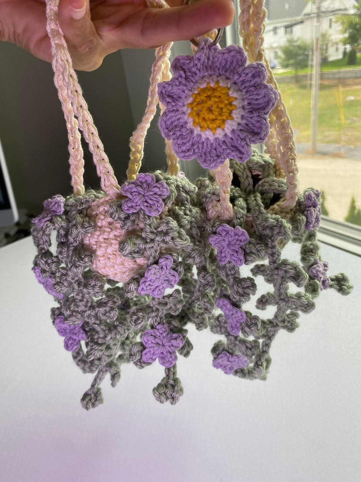 Crochet Hanging Plant Trio Pack - Large Plant + Mini Plant + Matching Mini Flower Keychain - Random Plant Design - Same Color